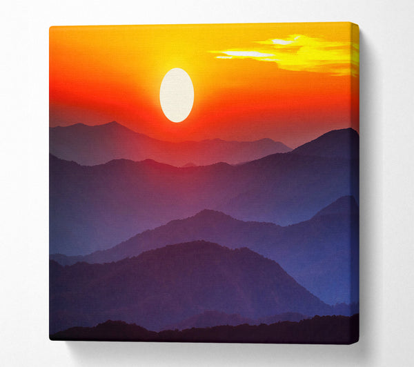 A Square Canvas Print Showing Blue Misty Mountain Sun 2 Square Wall Art