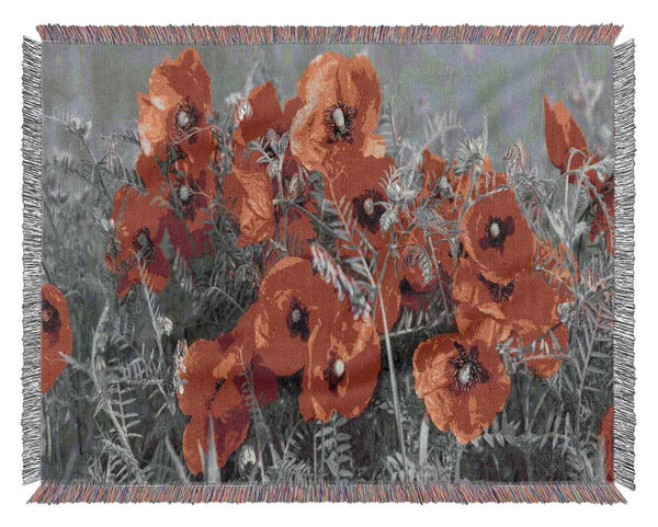 Red poppy closeup Woven Blanket