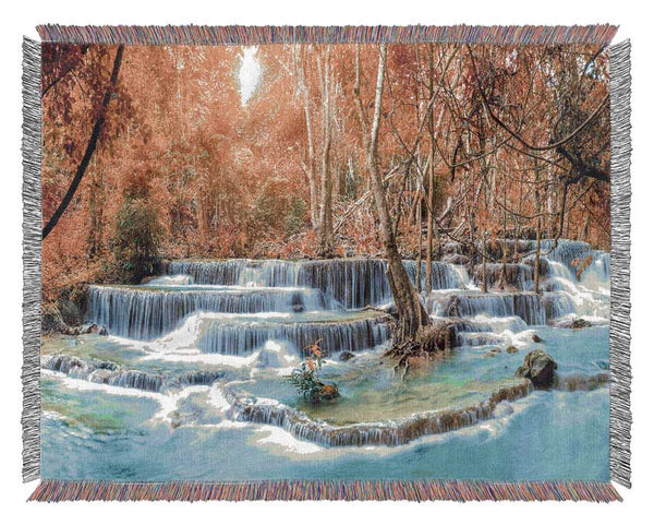 Waterfall forest sunset Woven Blanket