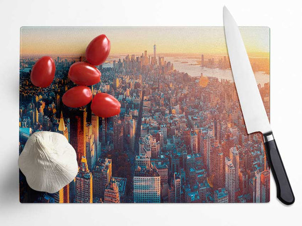 Aerial city sunset dream Glass Chopping Board