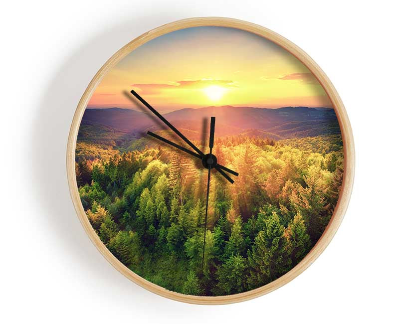 Sunrays over a green woodland Clock - Wallart-Direct UK