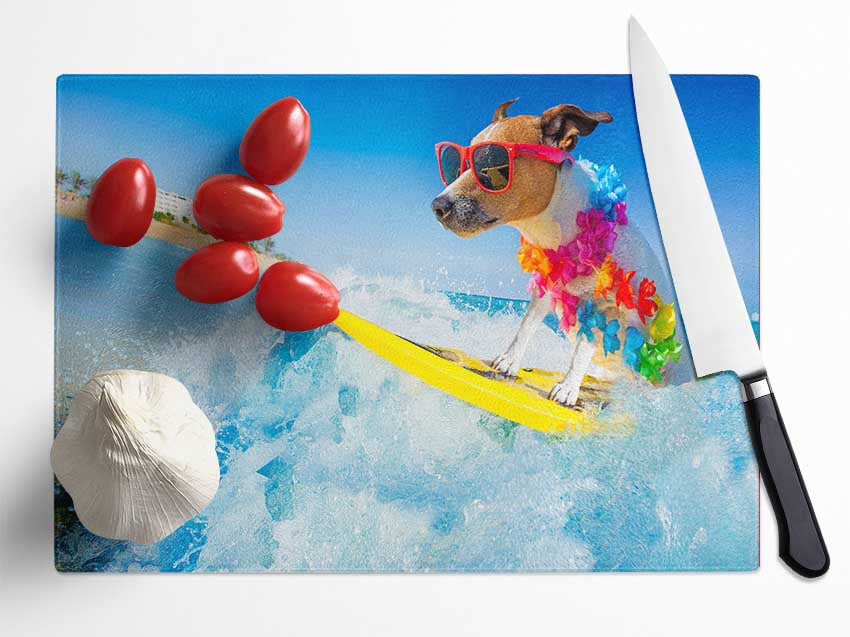 Dog with sunglasses surfing Glass Chopping Board