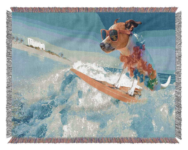 Dog with sunglasses surfing Woven Blanket