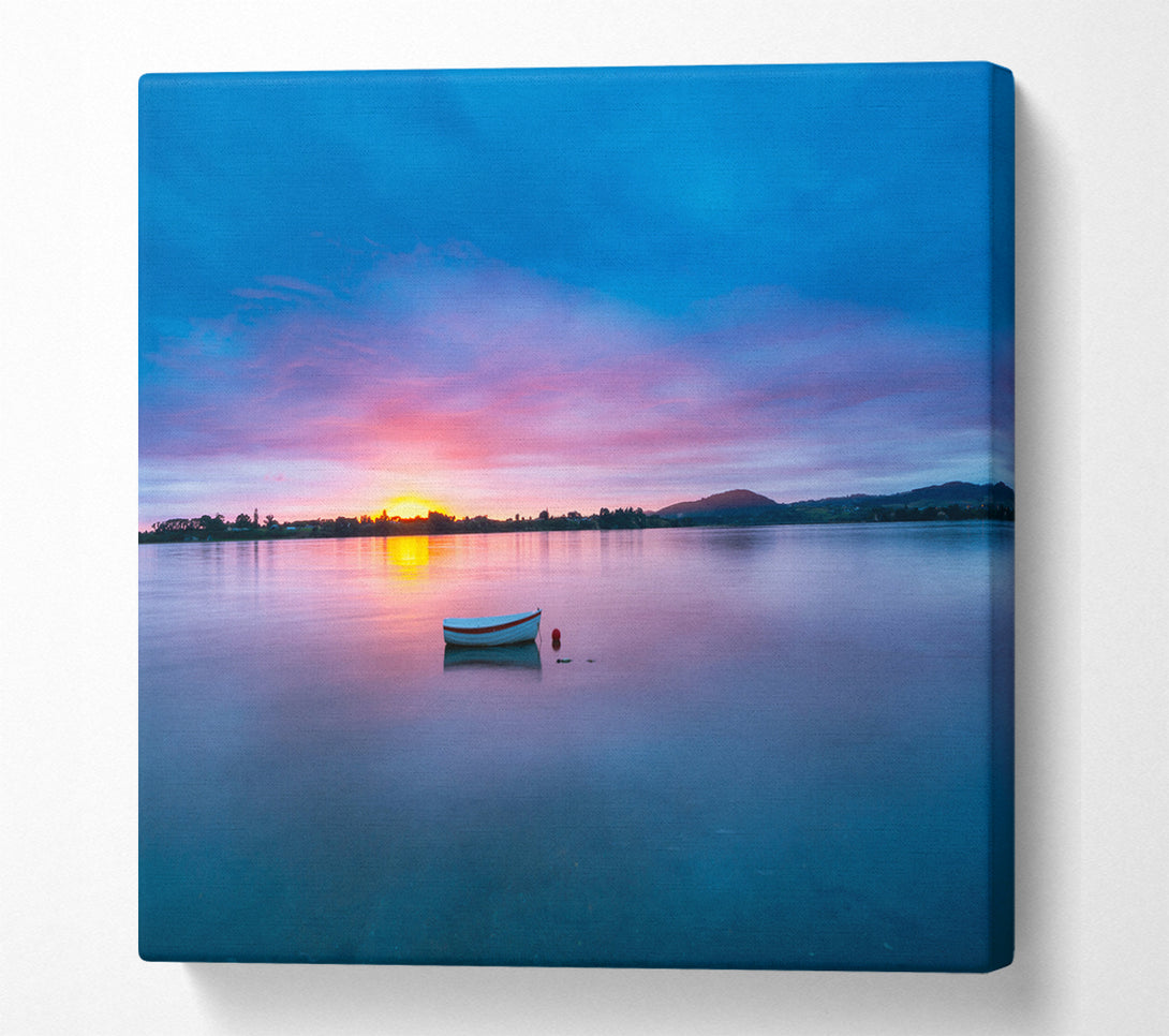 A Square Canvas Print Showing Small row boat on calm lake Square Wall Art