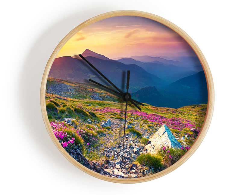 Beautiful mountain range and flowers Clock - Wallart-Direct UK