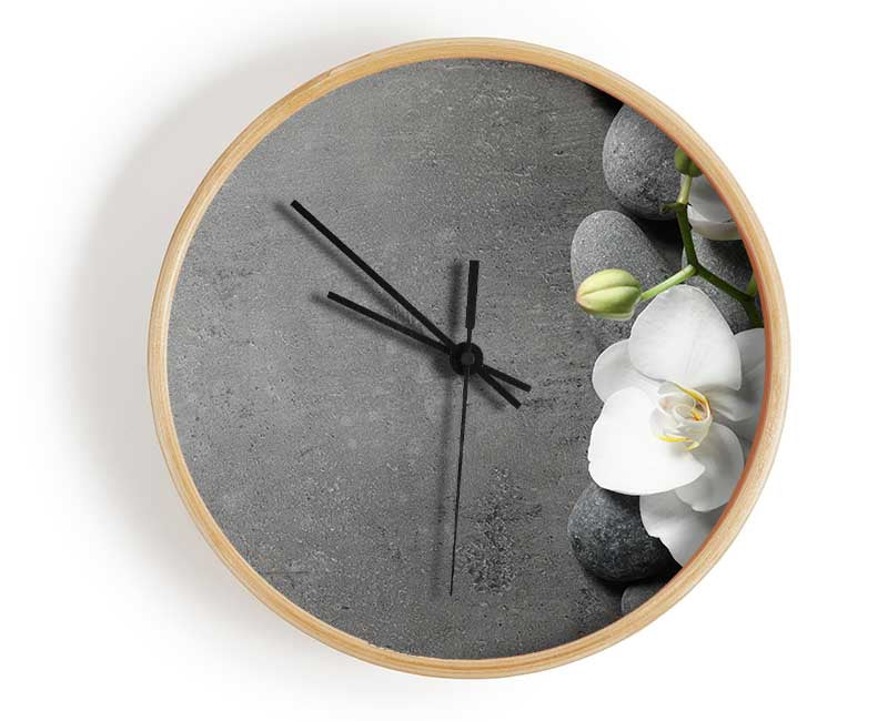 White Orchid on grey pebbles Clock - Wallart-Direct UK