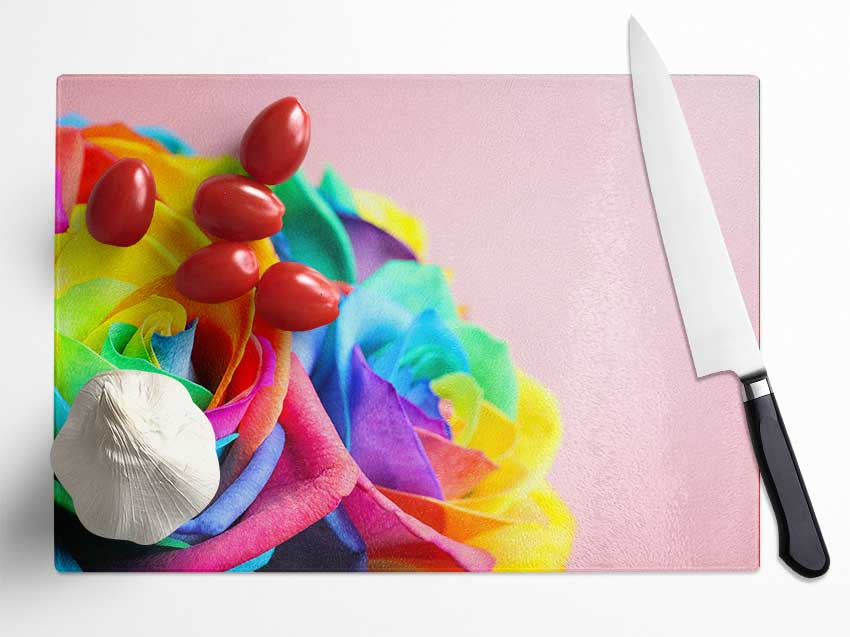 Rainbow closeup rose Glass Chopping Board