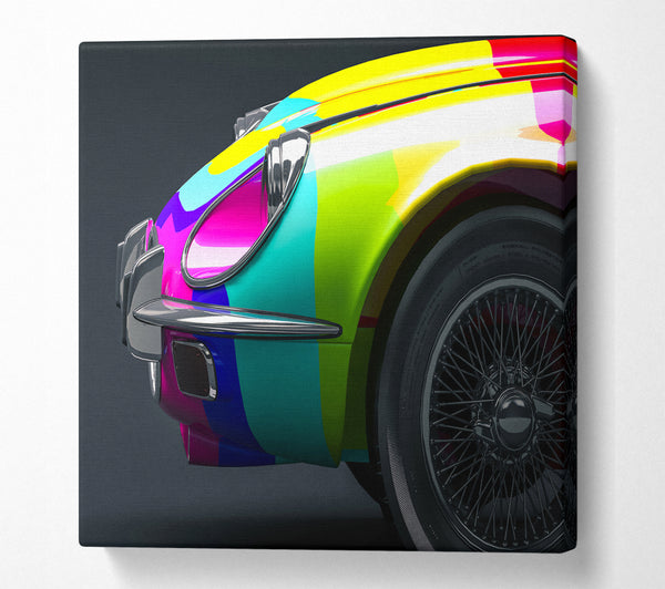 A Square Canvas Print Showing E type Jaguar rainbow stripes Square Wall Art