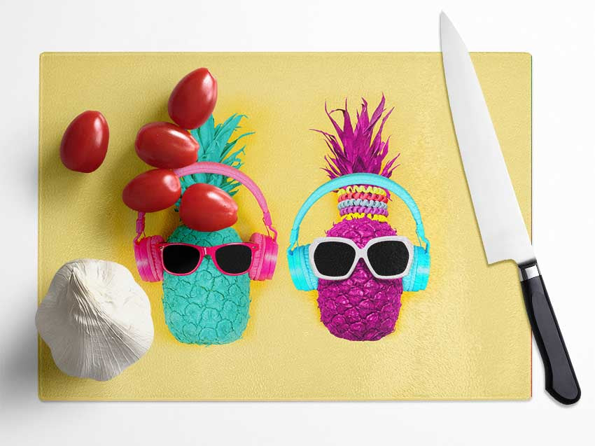 Pineapple Colours and headphones Glass Chopping Board