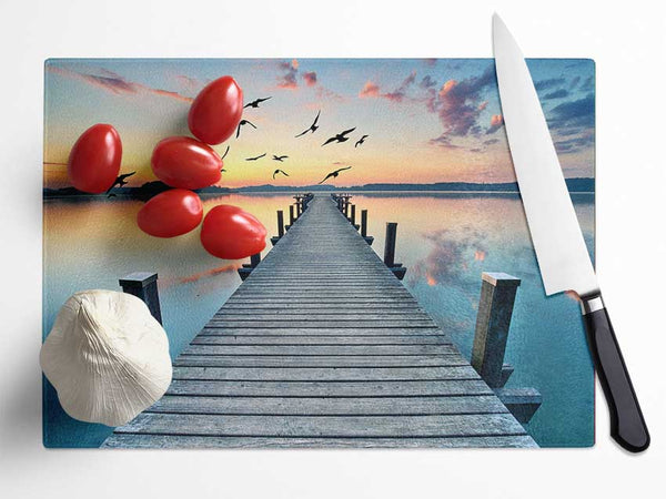 Bridge into the lake and seagulls Glass Chopping Board