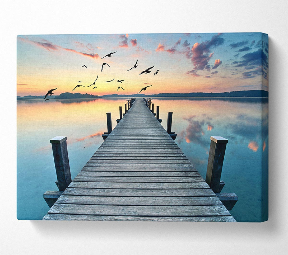 Picture of Bridge into the lake and seagulls Canvas Print Wall Art