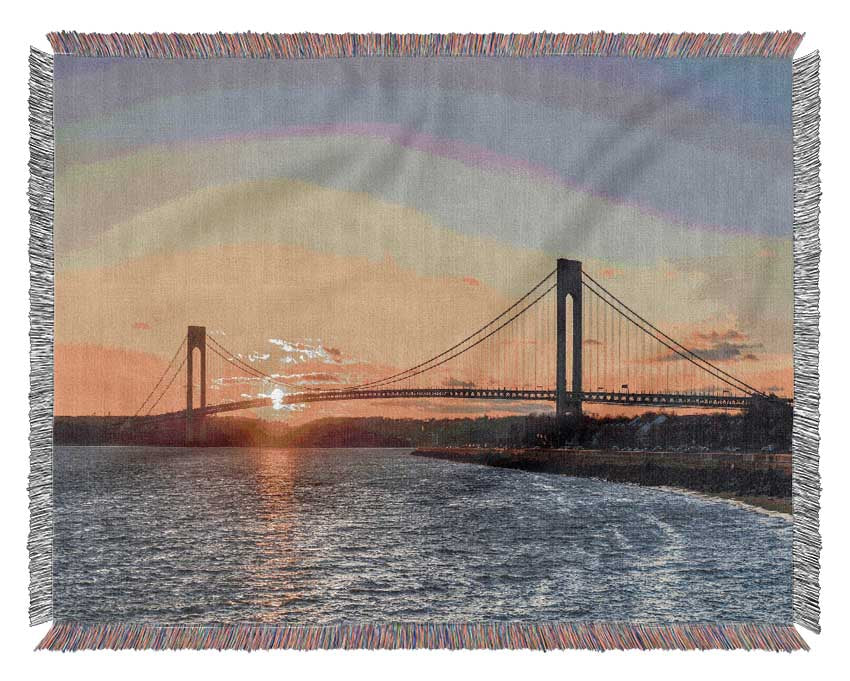 Overlooking the bridge above the sea Woven Blanket