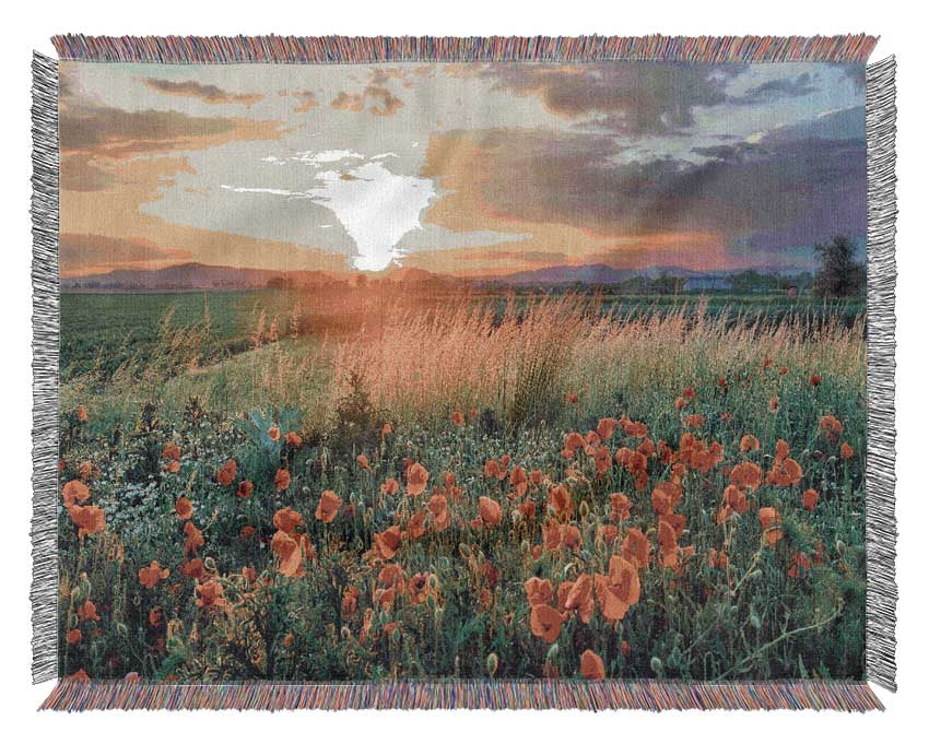 Red poppies in the green countryside Woven Blanket