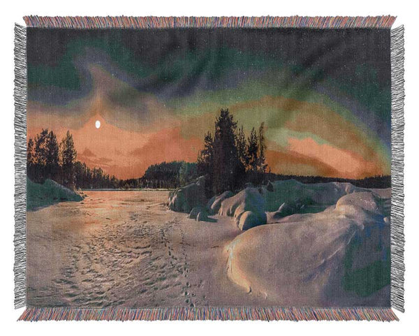 Nothern lights at night snow Woven Blanket