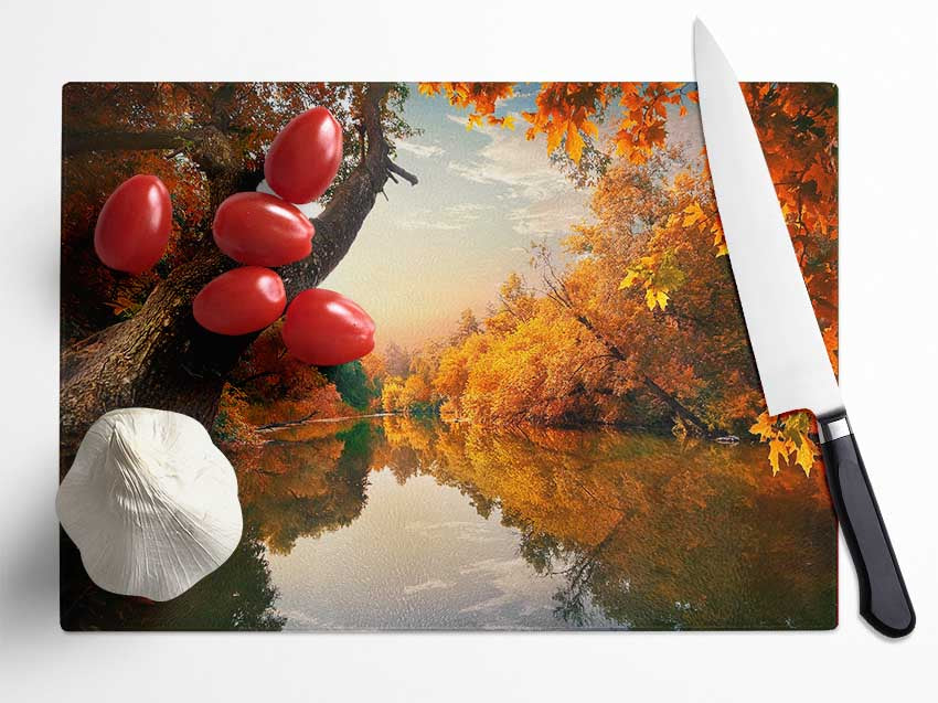 Perfect Autumn lake Glass Chopping Board