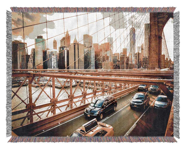 NYC bridge with traffic Woven Blanket