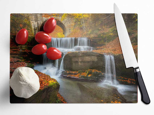 Waterfall under the bridge Glass Chopping Board