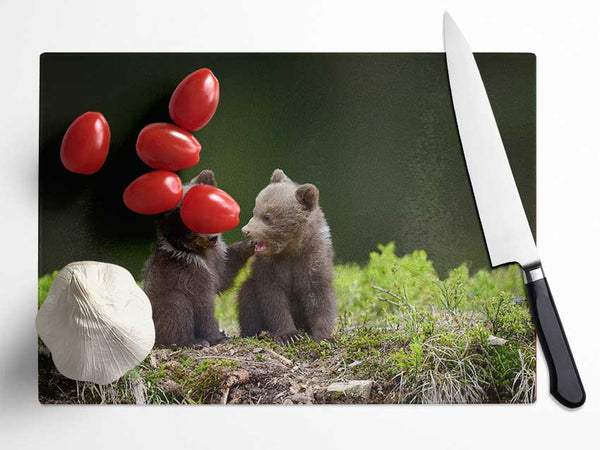 Two bear cubs playing Glass Chopping Board