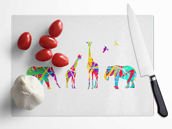 Safari animals lined up Glass Chopping Board