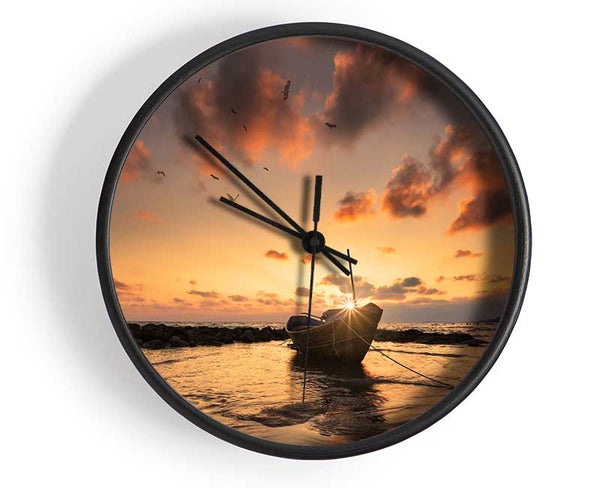 Sunset finishing boat on the beach Clock - Wallart-Direct UK