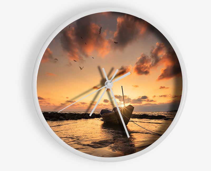 Sunset finishing boat on the beach Clock - Wallart-Direct UK