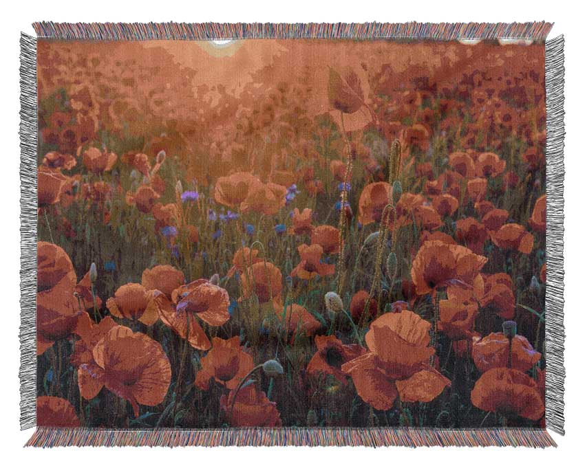 Red poppies under the sunset Woven Blanket