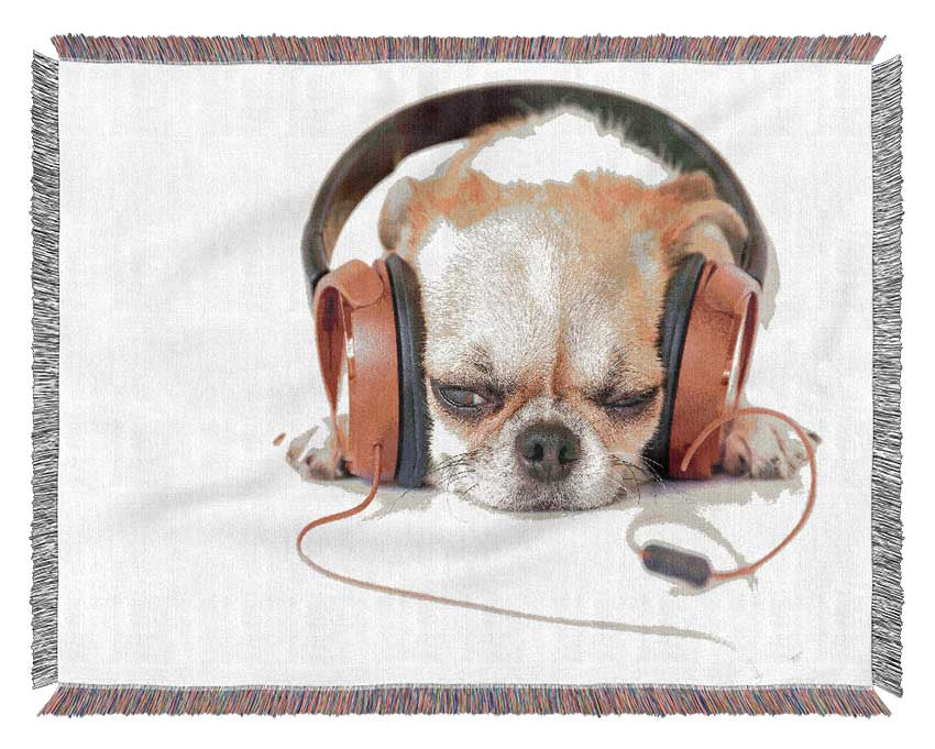 Dog listening to music relaxing Woven Blanket