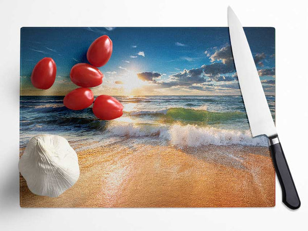 Crashing blue waves on the shore Glass Chopping Board