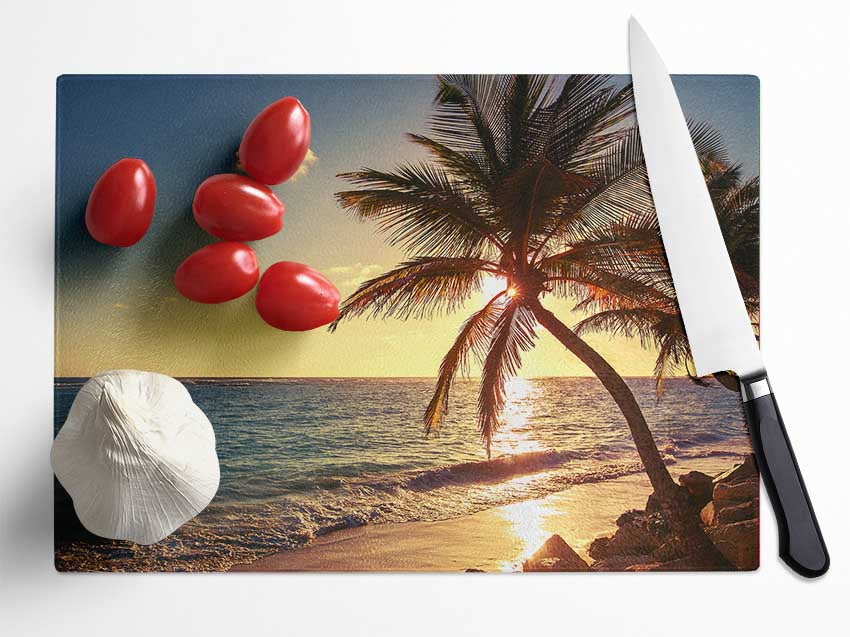 Palm tree paradise at dusk Glass Chopping Board