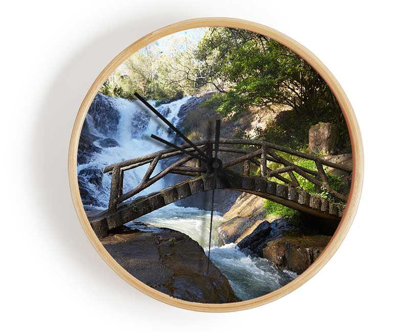 Rustic made bridge by a waterfall Clock - Wallart-Direct UK