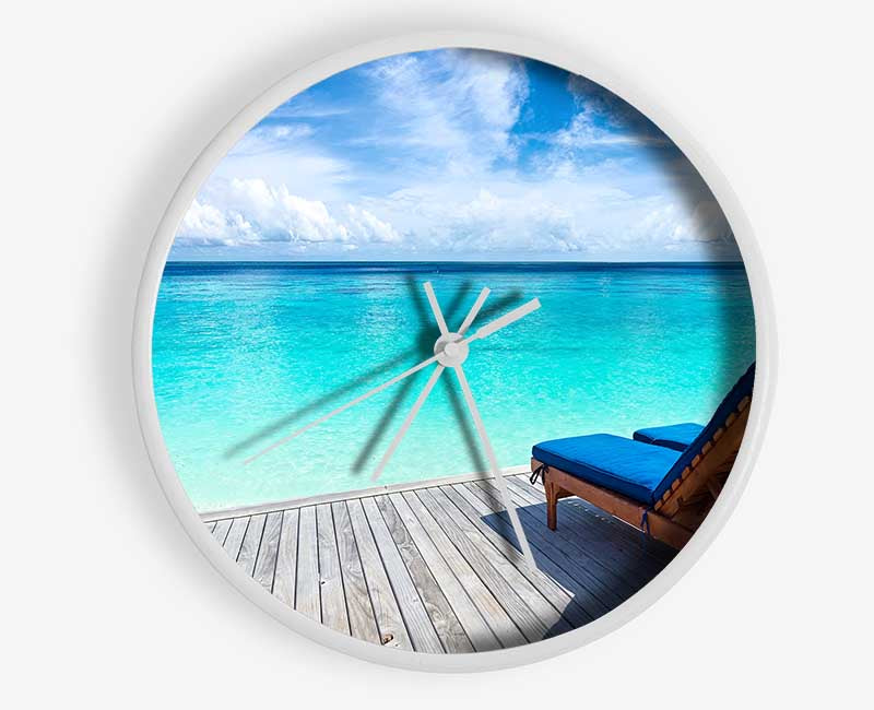 sunchairs on decking on the beach Clock - Wallart-Direct UK