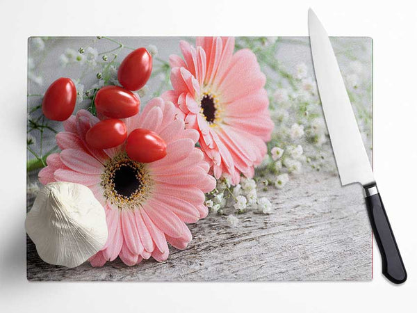 Pink gerbera laying down close Glass Chopping Board