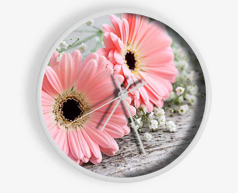 Pink gerbera laying down close Clock - Wallart-Direct UK