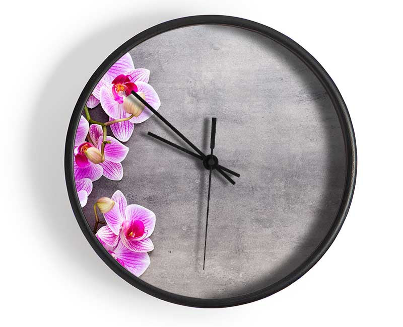 Pink Orchids on grey Clock - Wallart-Direct UK