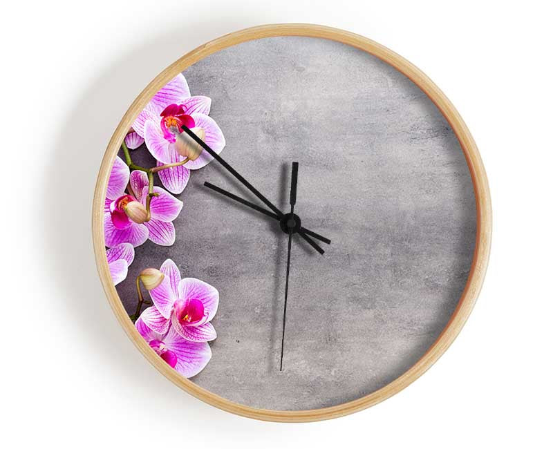 Pink Orchids on grey Clock - Wallart-Direct UK