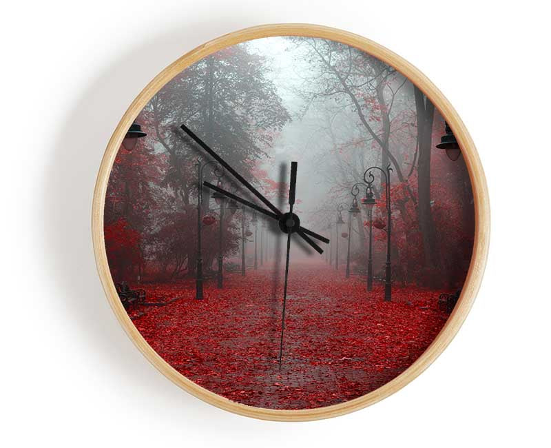 Red Autumn leaves streetlights Clock - Wallart-Direct UK