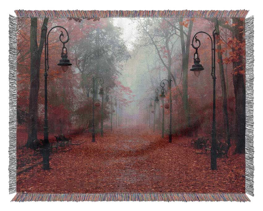 Red Autumn leaves streetlights Woven Blanket