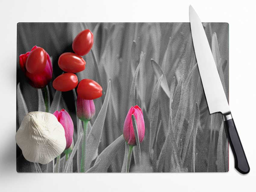 Pink tulips black and white Glass Chopping Board