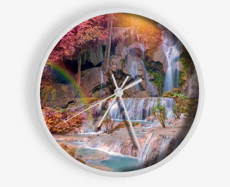 Rainbow waterfall woods Clock - Wallart-Direct UK