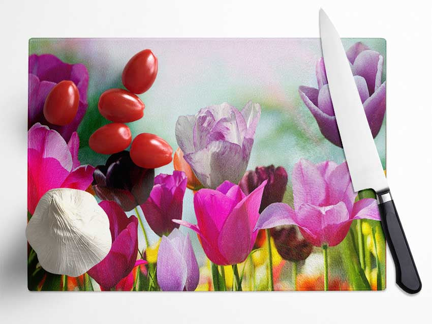 Multiple coloured tulips Glass Chopping Board