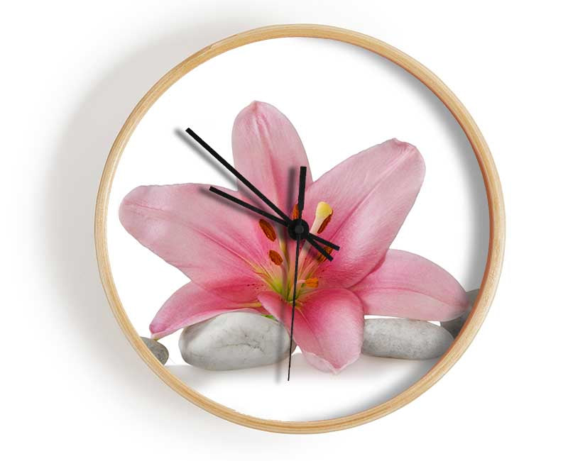 Pink Lilly on grey pebbles Clock - Wallart-Direct UK