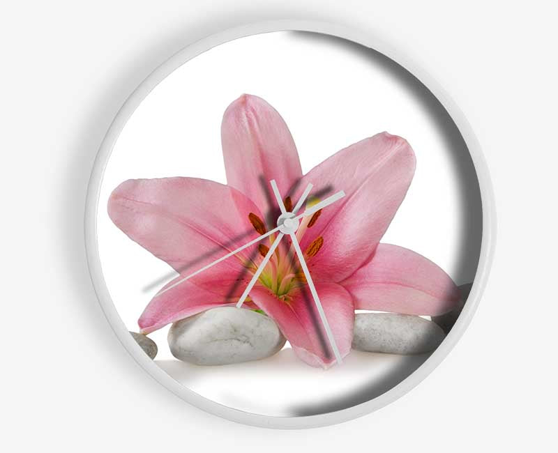 Pink Lilly on grey pebbles Clock - Wallart-Direct UK