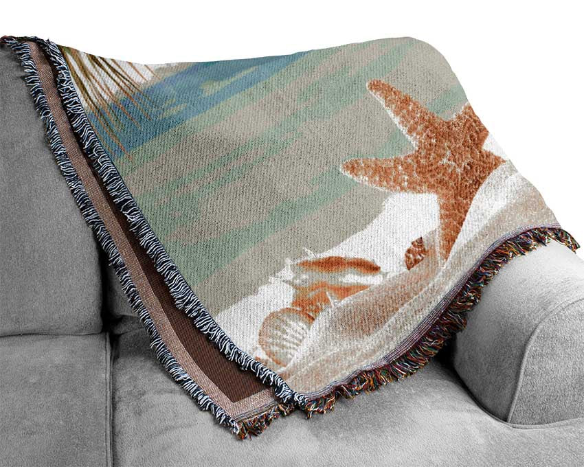 Starfish on the beach scene Woven Blanket