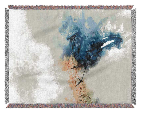 Blue watercolour bird on branch Woven Blanket