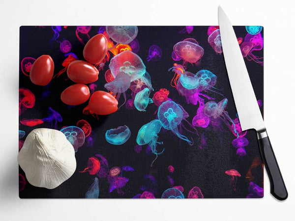 Neon Jellyfish frenzy Glass Chopping Board