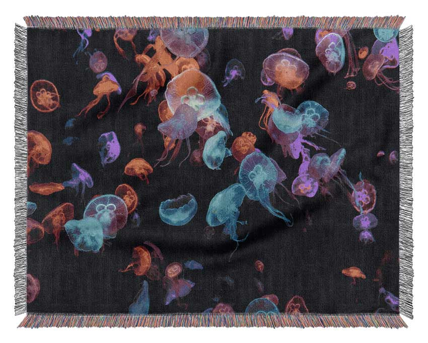 Neon Jellyfish frenzy Woven Blanket