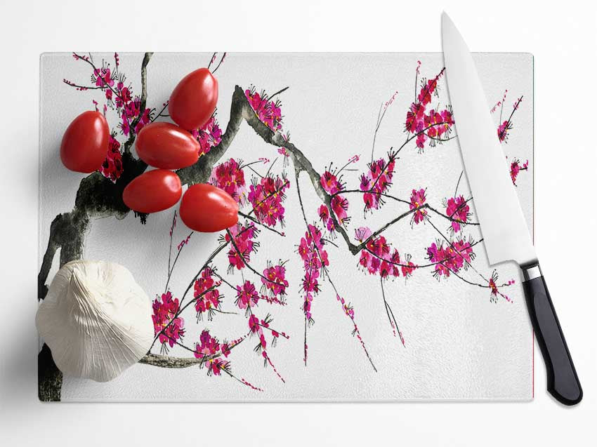 Cherry blossom illustration Glass Chopping Board