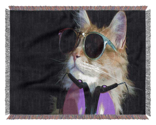 Cool headphones cat with headphones Woven Blanket