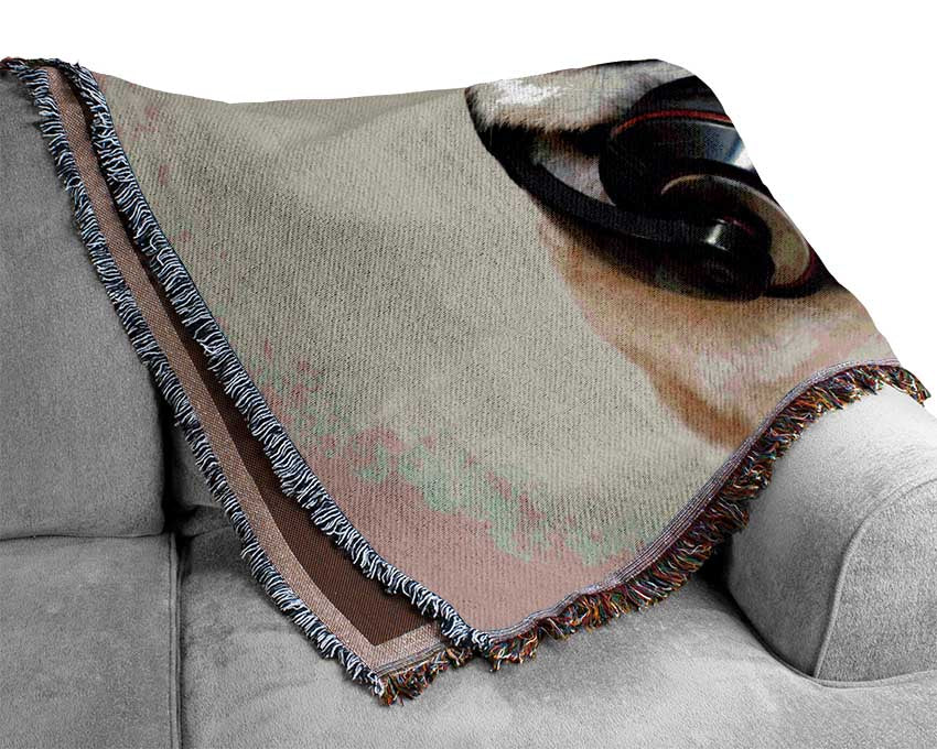 Cool pug wearing headphones Woven Blanket