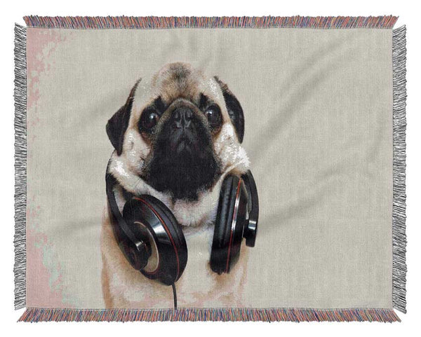 Cool pug wearing headphones Woven Blanket